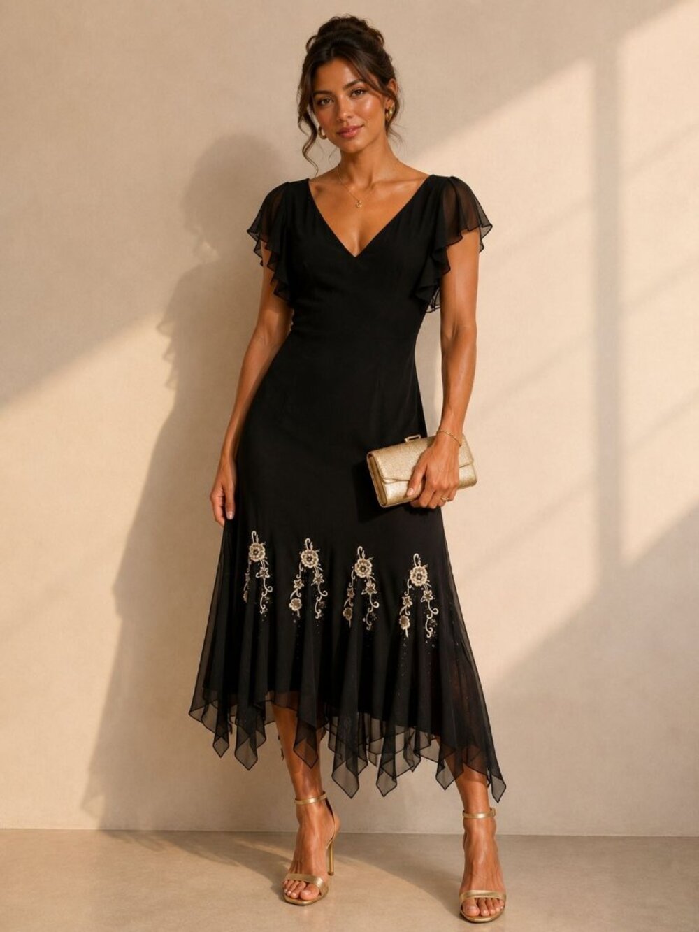 Vintage Y2K Midi Dress Black Tan Beaded Floral Whimsy Goth Fairy Asymmetrical